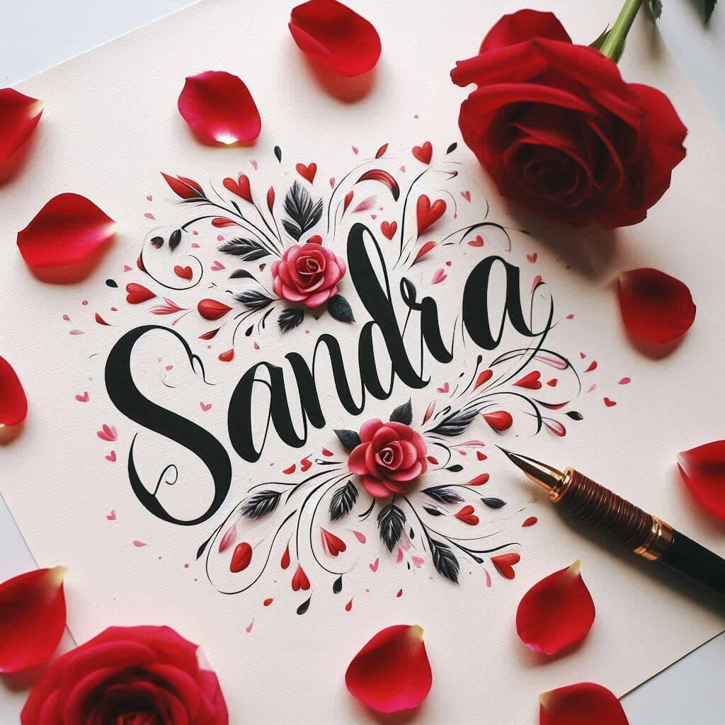 Le prenom sandra ecrit en calligraphie sur un papier avec des c urs dessines en rouge et des petales de roses inspire de l amour 2