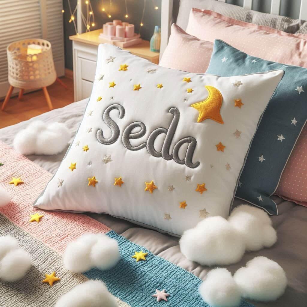 Le prenom seda sur un coussin denfant avec des etoiles et des nuages pose sur un lit