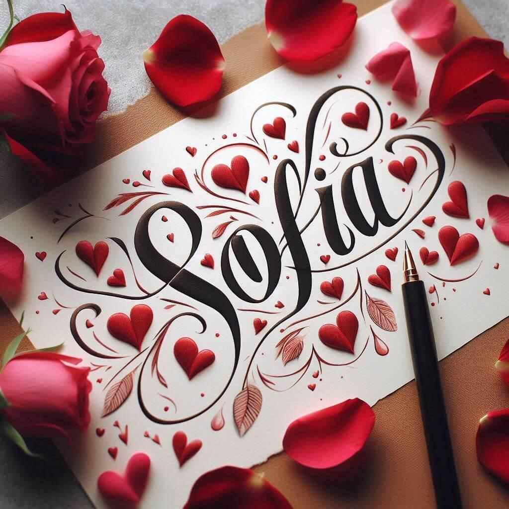 Le prenom sofia ecrit en calligraphie sur un papier avec des c urs dessines prenom sofia