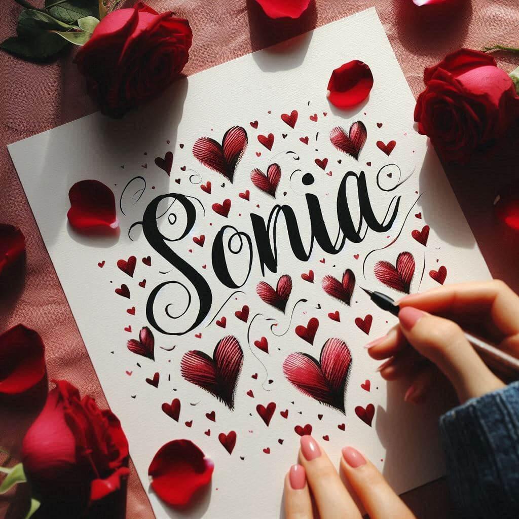 Le prenom sonia ecrit en calligraphie sur un papier avec des c urs dessines en rouge et des petales de roses inspire de l amour 2
