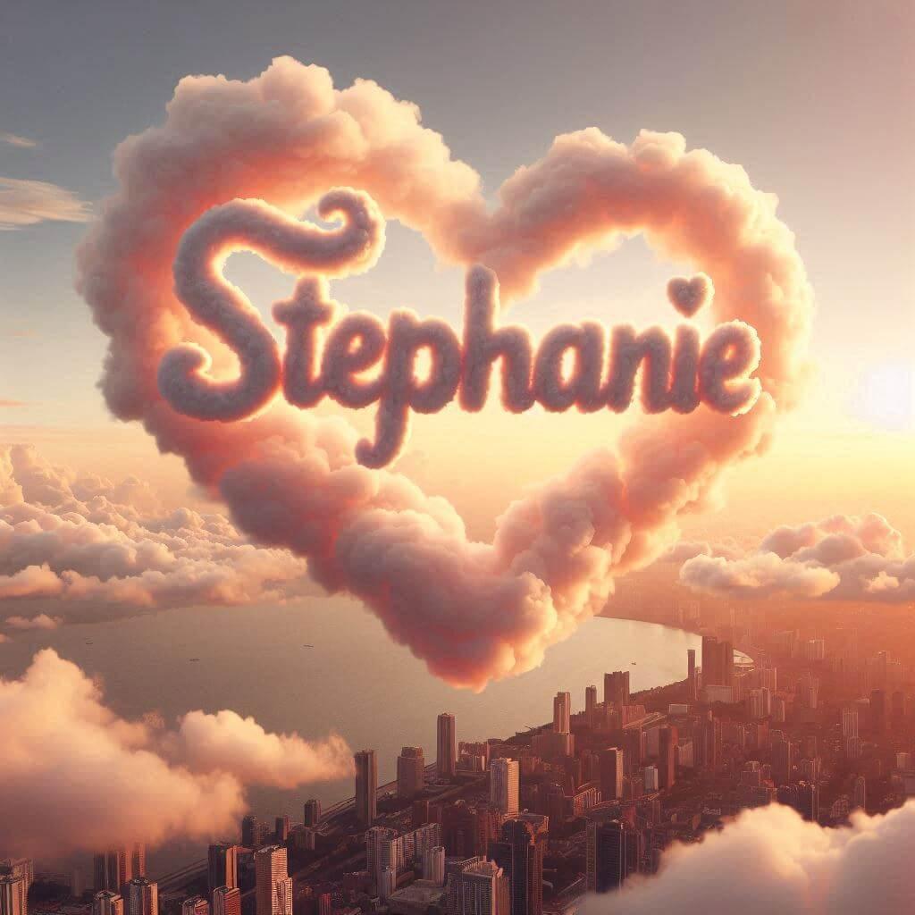Le prenom stephanie ecrit avec les nuages dans le ciel avec des nuages en forme de coeur 1 1