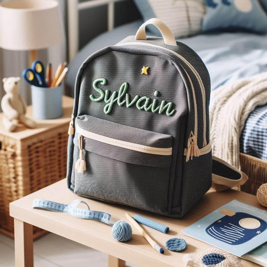 Le prenom sylvain ecrit sur un cartable enfant