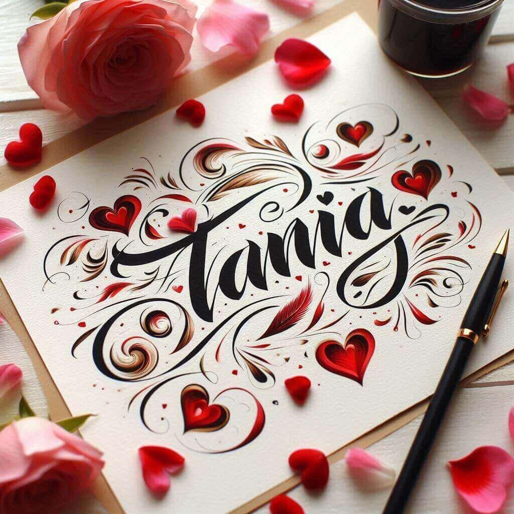 Le prenom tania ecrit en calligraphie sur un papier avec des c urs dessines en rouge et des petales de fleurs inspire de lamour 1 1 1 1