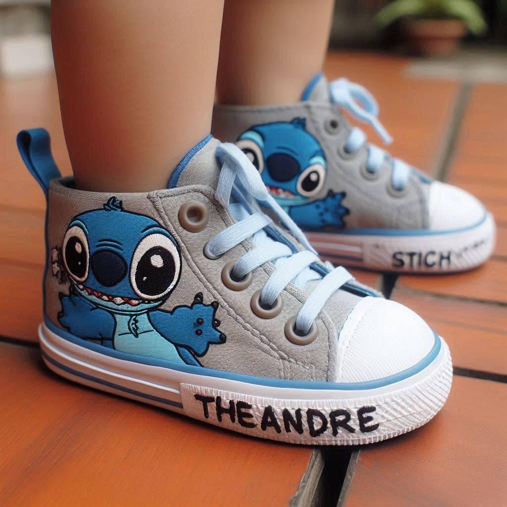 Le prenom theandre ecrit sur des baskets de petit garcon theme stitch