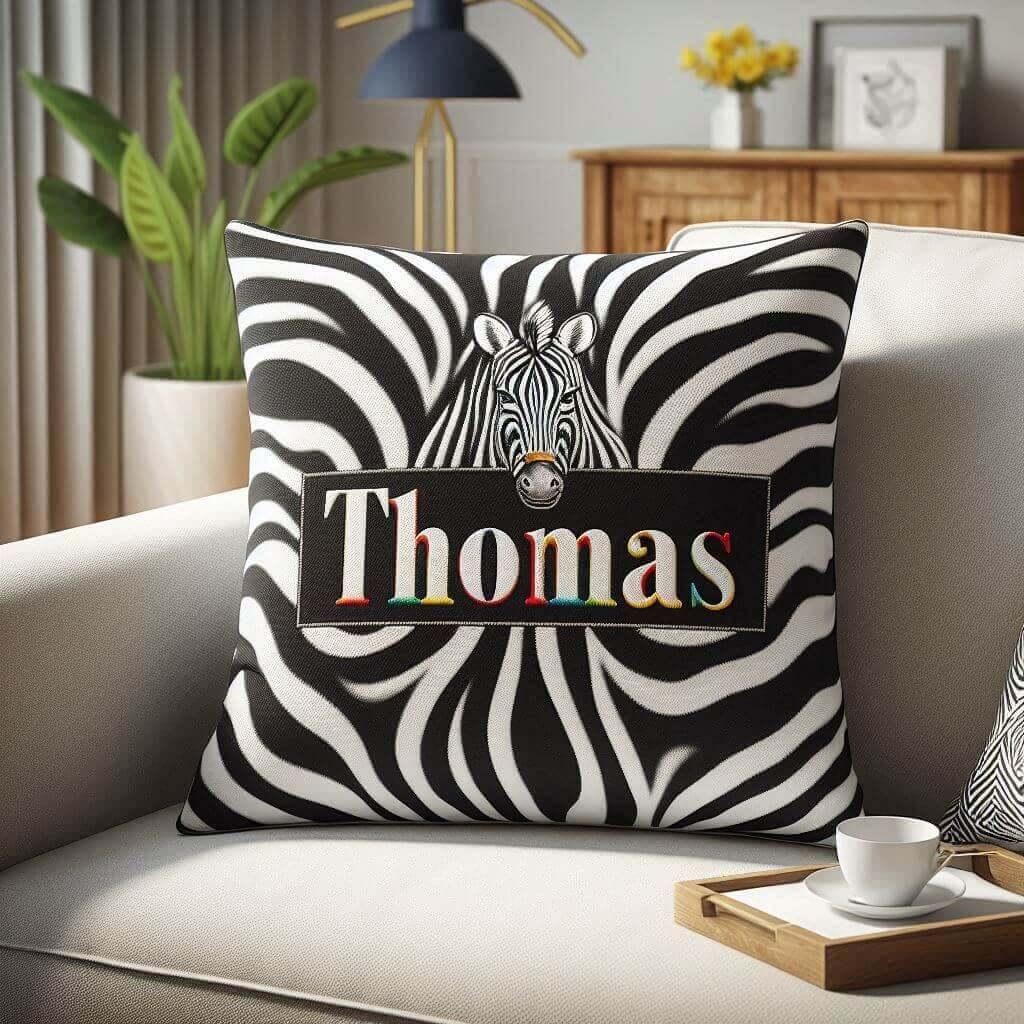 Le prenom thomas sur un coussin motif zebre