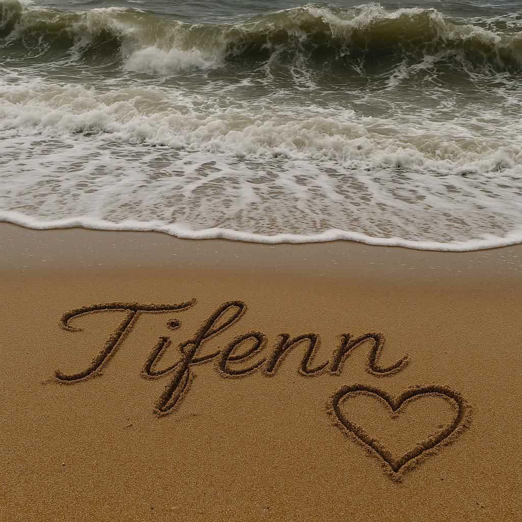 Le prenom breton tifenn ecrit sur la plage avec un coeur au bord de l eau