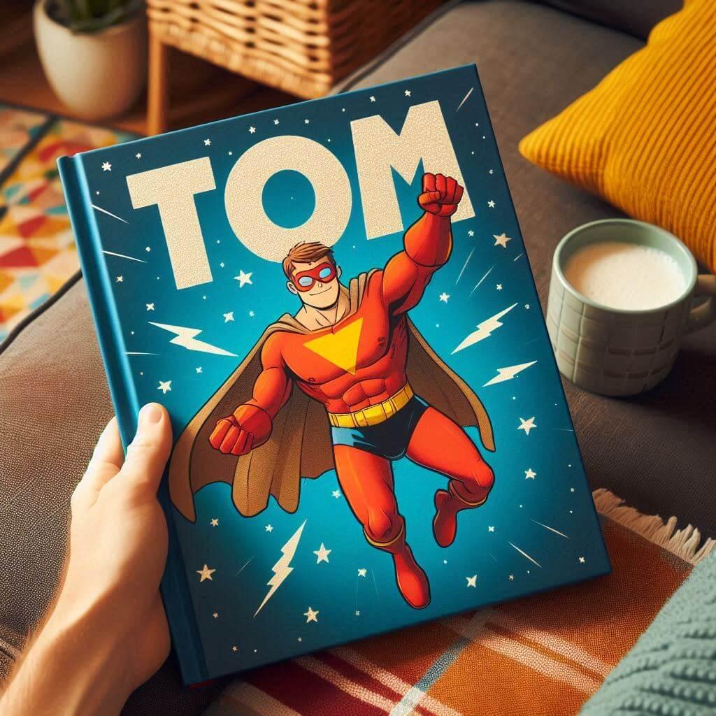 Le prenom tom ecrit sur un livre de super heros pour enfant