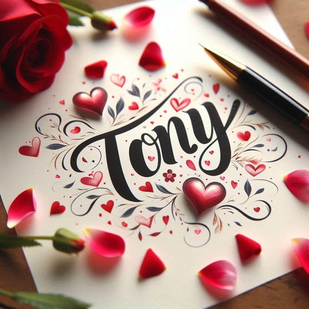 Le prenom tony ecrit en calligraphie sur un papier inspire de l amour avec des petales de fleurs