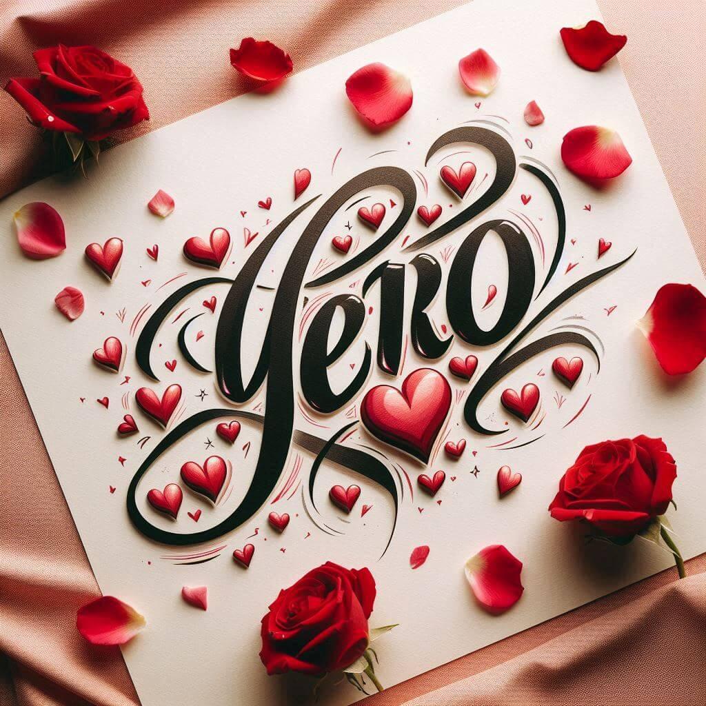 Le prenom yero ecrit en calligraphie sur un papier avec des c urs dessines