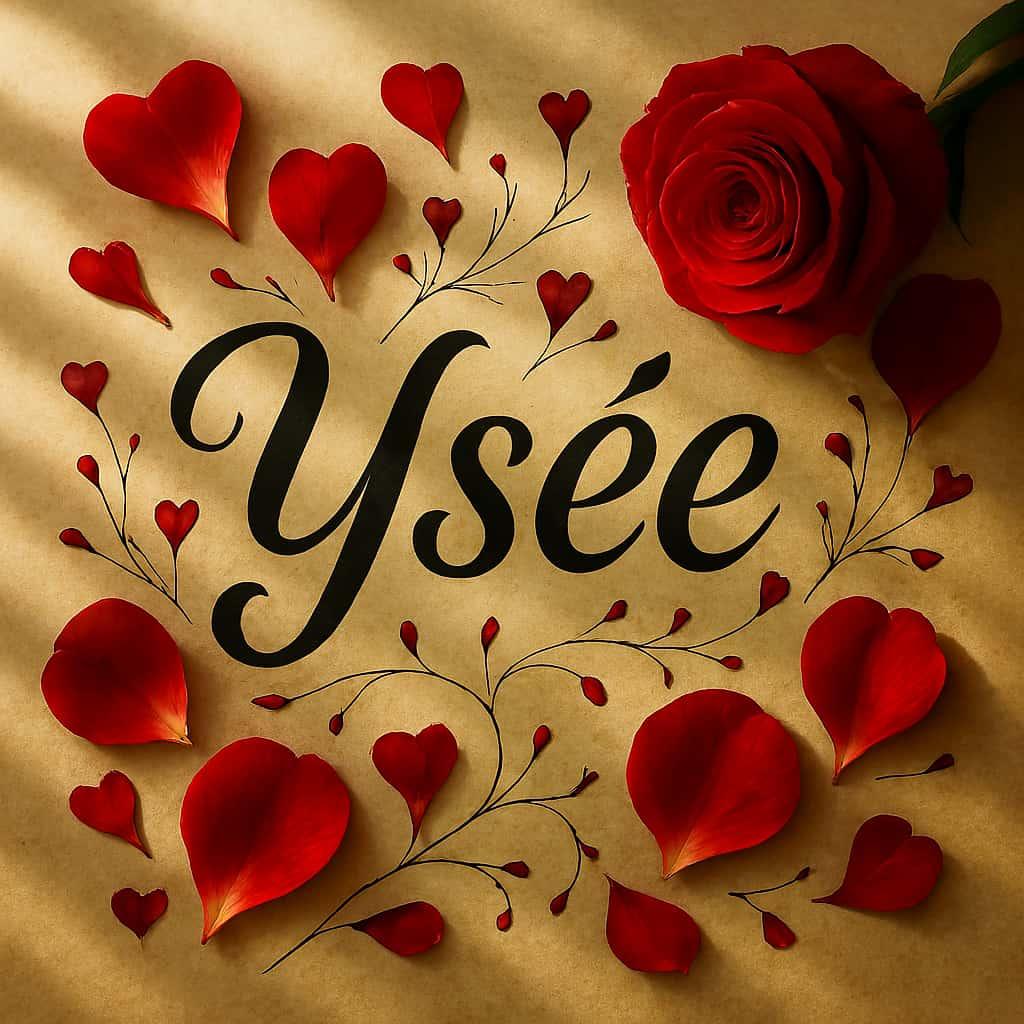 Le prenom ysee ecrit en calligraphie sur un papier avec des c urs dessines en rouge et des petales de roses inspire de l amour