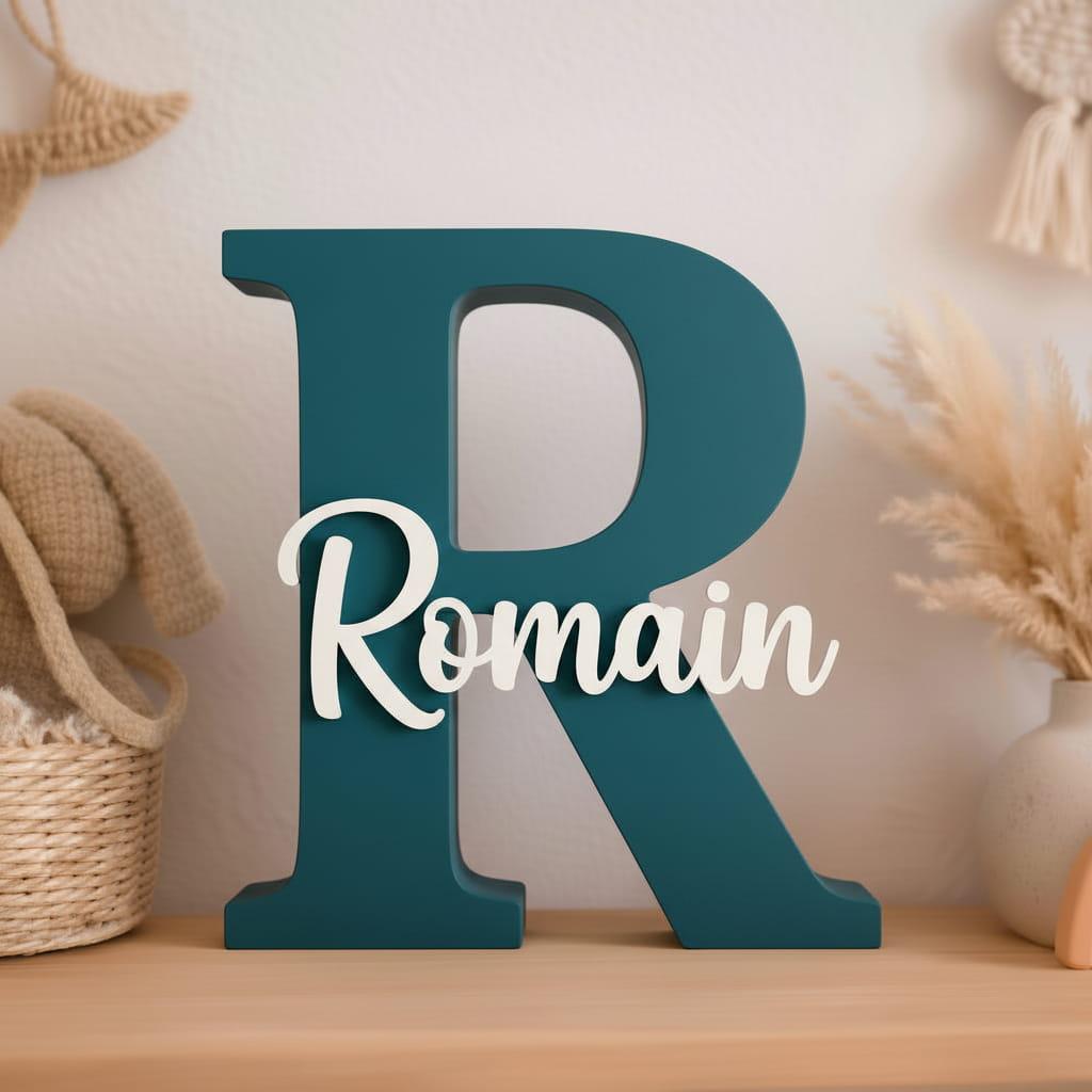 Lettre en bois personnalisée avec le prénom Romain, idéale comme cadeau de naissance.