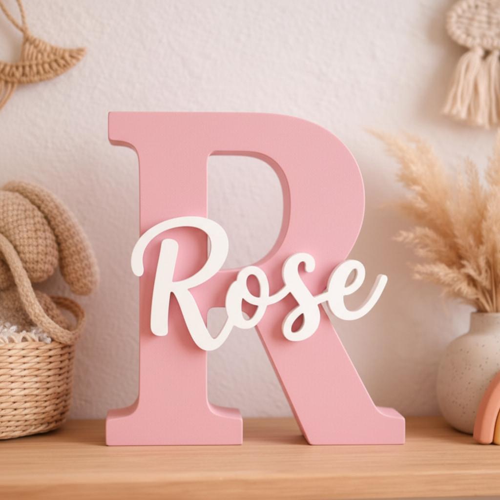 Lettre décorative R personnalisée avec le prénom Rose, à poser sur une étagère pour décorer la chambre