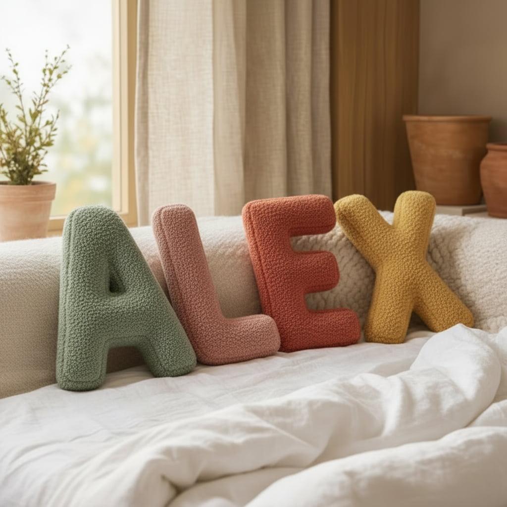 Lettres coussins multicolores formant le prénom Alex