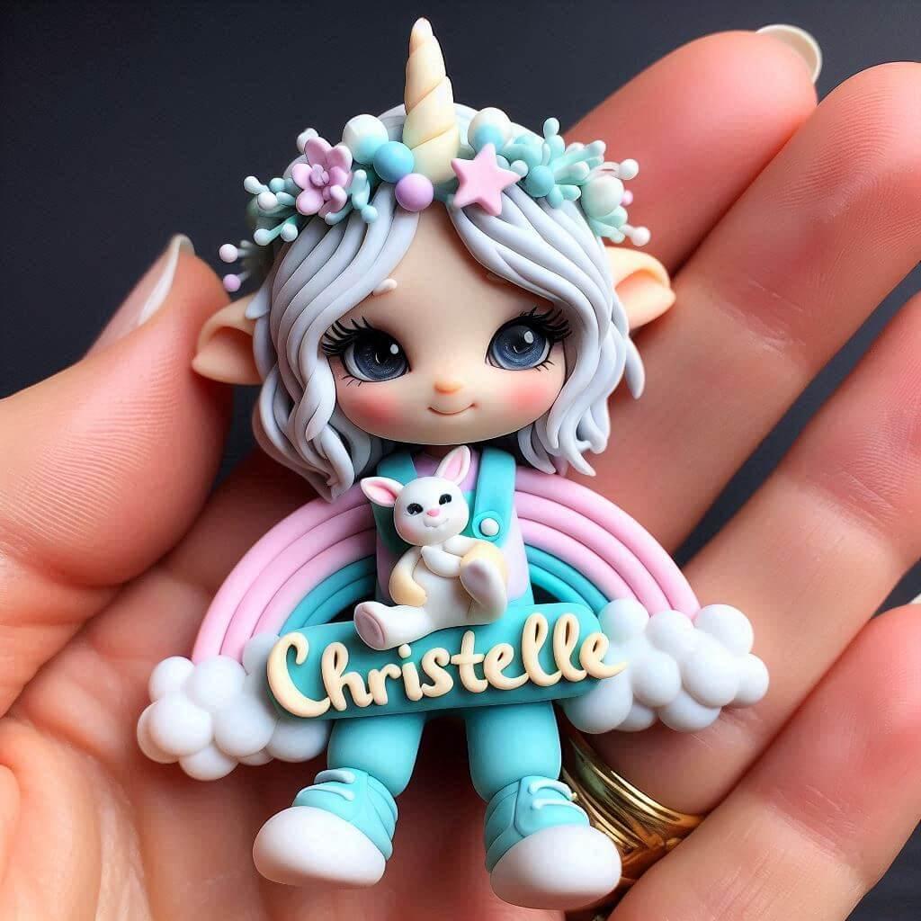 Licorne en fimo avec une petite fille avec le prenom christelle