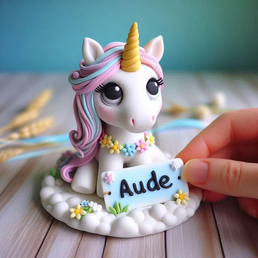 Licorne en fimo personnalisee avec le prenom aude