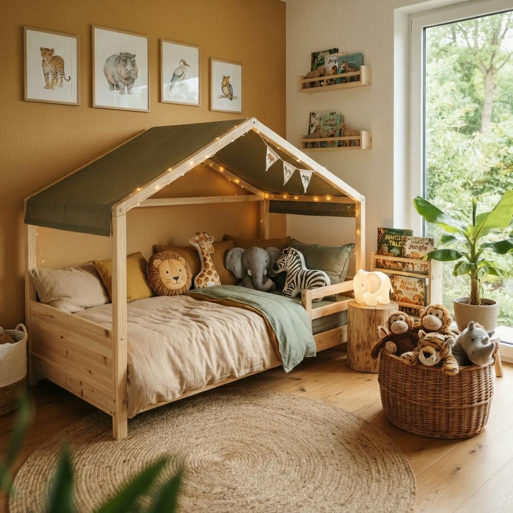 Lit cabane enfant theme safari en bois clair avec canopy vert olive coussins animaux sauvages et decoration chambre d enfant boheme