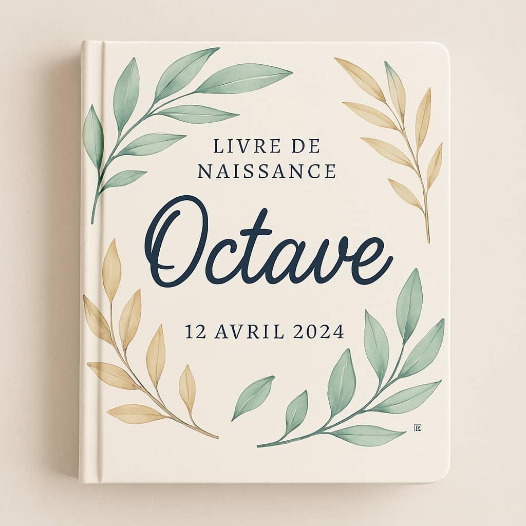 Livre de naissance moderne et personnalise pour octave avec illustrations de feuilles au style artistique et tendance
