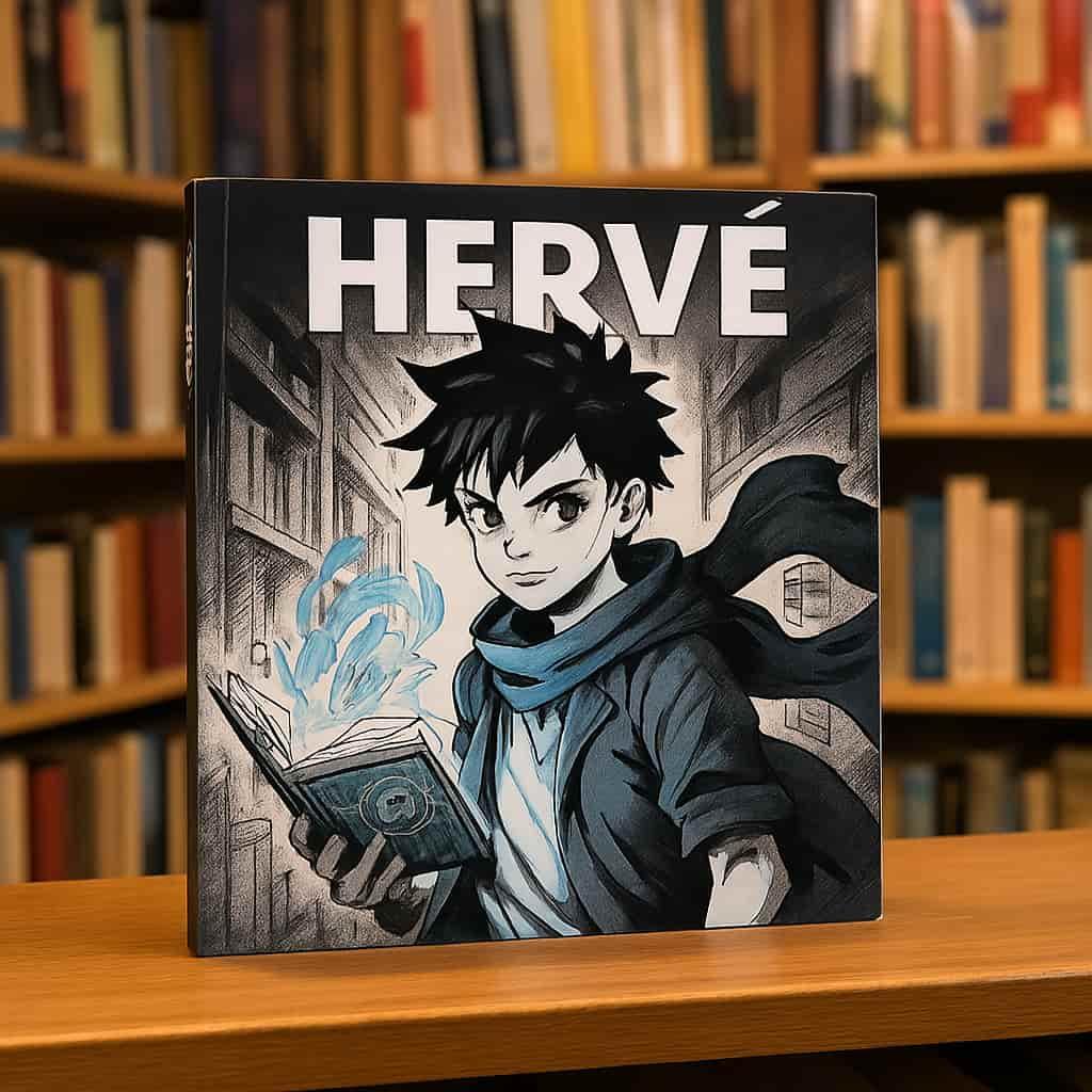 Livre personnalise avec le prenom herve style manga dans une librairie
