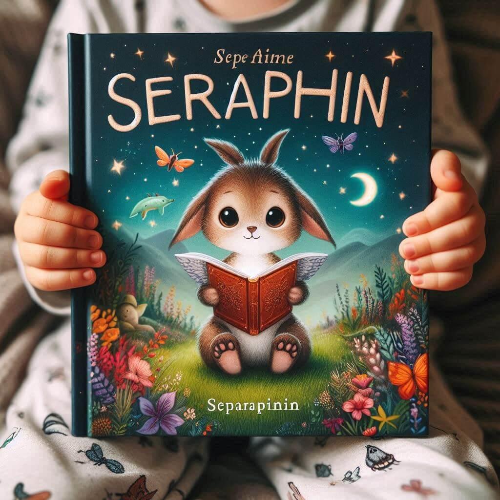 Livre pour enfant avec le prenom seraphin dans les mains d un petit garcon