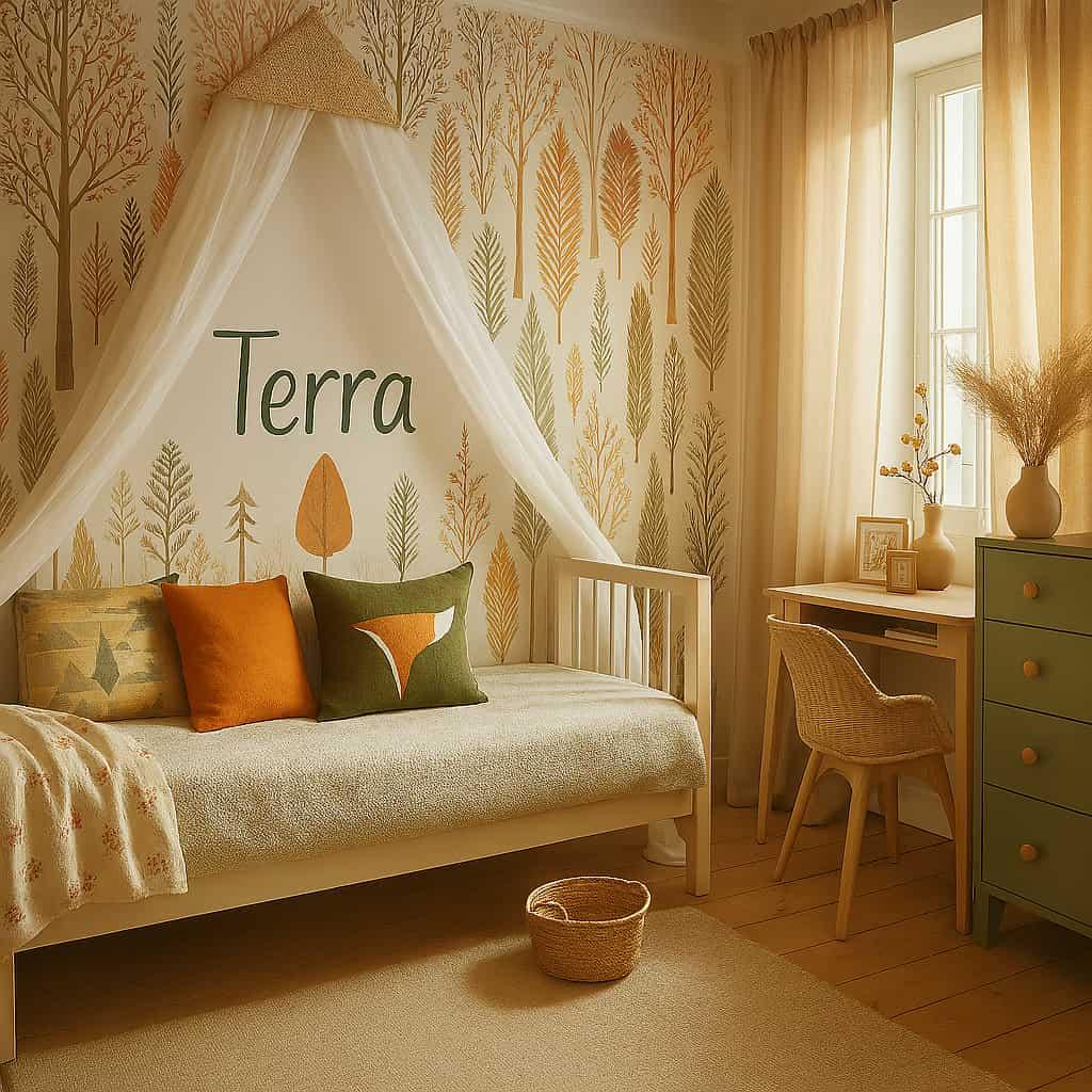 Magnifique decoration de chambre pour enfant lit simple avec ciel de lit petit bureau tiroirs de rangement chambre lumineuse couleurs chaudes personnalisee avec le prenom terra