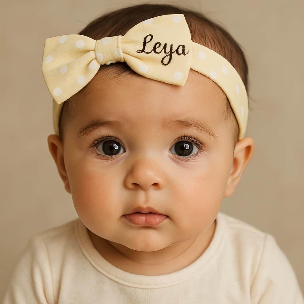 Magnifique petite fille avec un bandeau personnalise avec le prenom leya