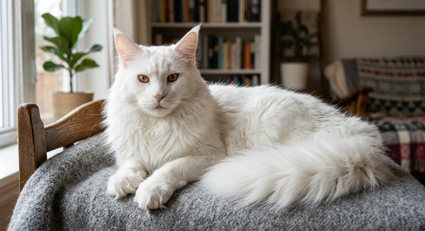 Maine coon blanc majestueux allonge sur une couverture grise dans un interieur chaleureux