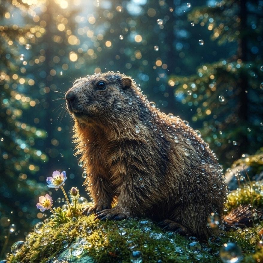 Marmotte sur un rocher couvert de mousse entouree de vegetation et de lumiere doree symbole de douceur introspection et energie de regeneration