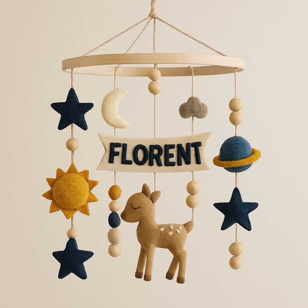 Mobile pour bebe personnalise avec le prenom florent theme astronomie