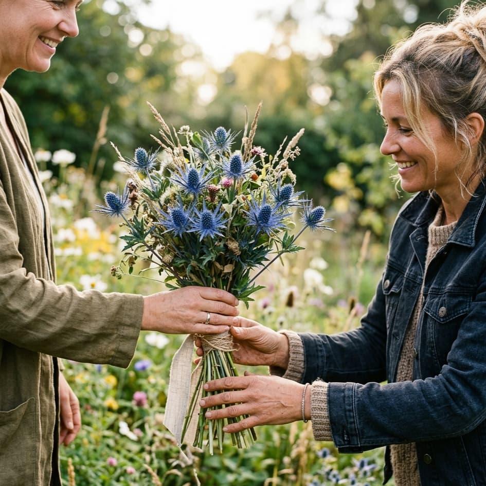 Offrir un bouquet de fleurs bleues et sauvages dans un jardin ensoleille geste naturel et sincere symbolisant le partage et la beaute florale