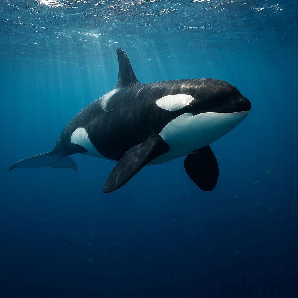 Orque nageant sous l eau dans une lumiere bleue corps noir et blanc bien visible scene marine realiste