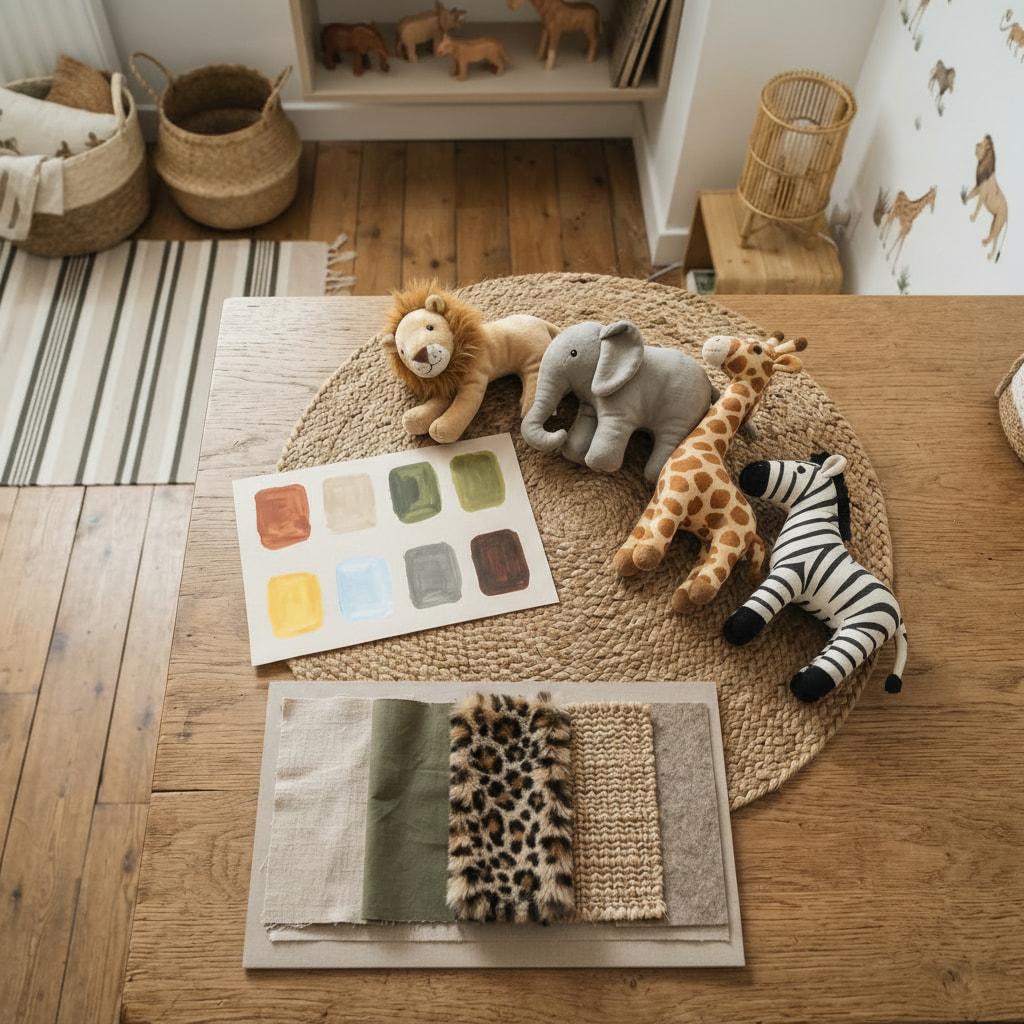 Palette couleurs safari et matieres naturelles avec peluches lion elephant girafe zebre sur tapis tresse pour decoration chambre enfant