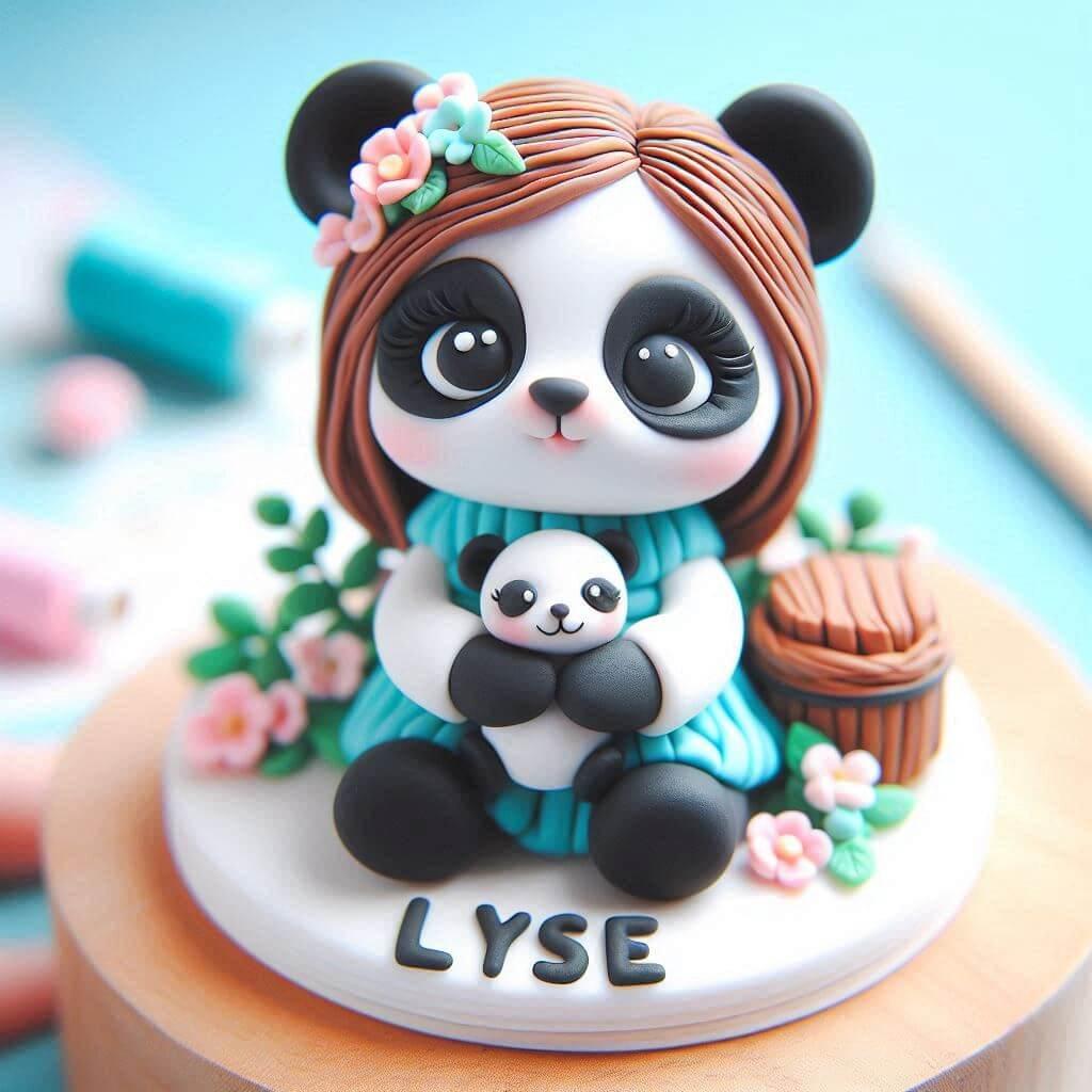 Panda en fimo avec une petite fille avec le prenom lyse