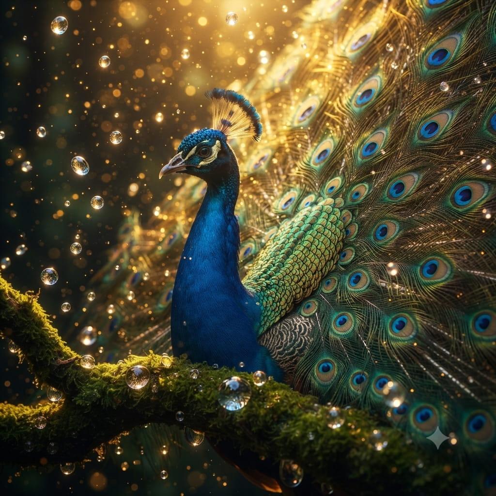 Paon bleu roi et vert emeraude deployant sa roue irisee symbole d energie lumineuse beaute souveraine et renaissance interieure
