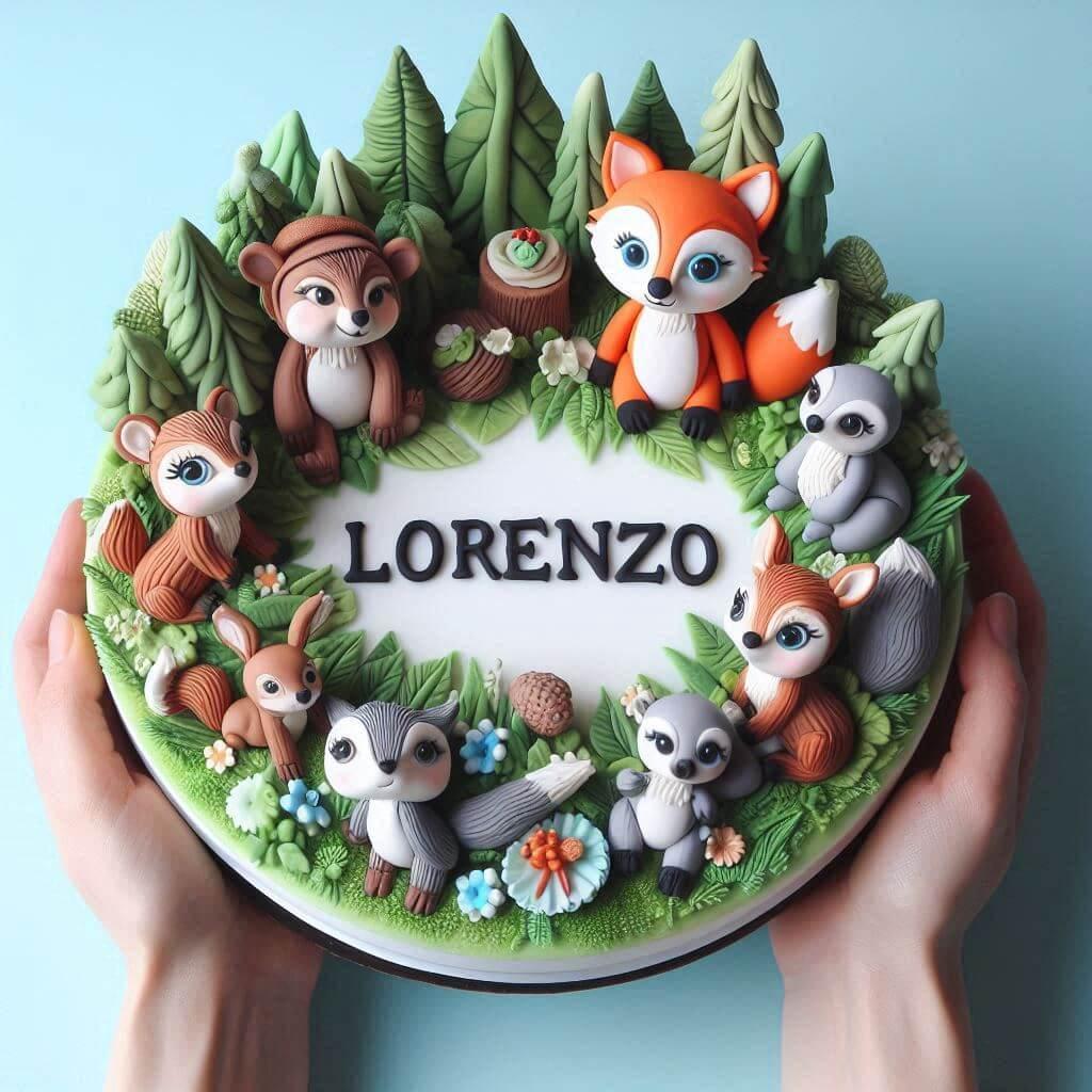 Pâte à sucre animaux de la forêt avec prénom Lorenzo, style photo Etsy, mains de la créatrice.