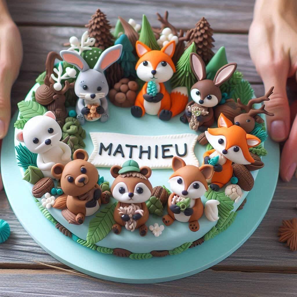 Pate a sucre animaux de la foret avec le prenom mathieu
