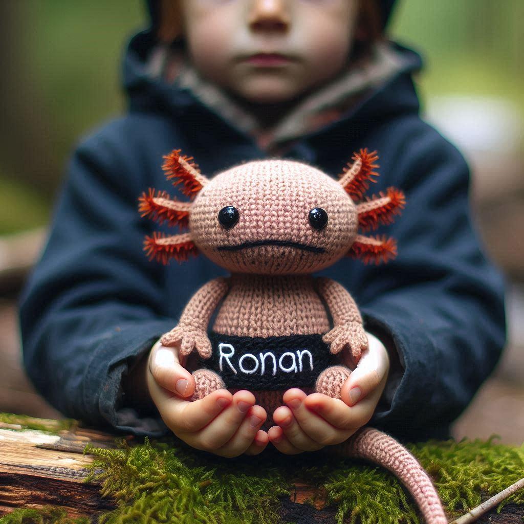 Peluche axolotl au crochet personnalise avec le prenom ronan