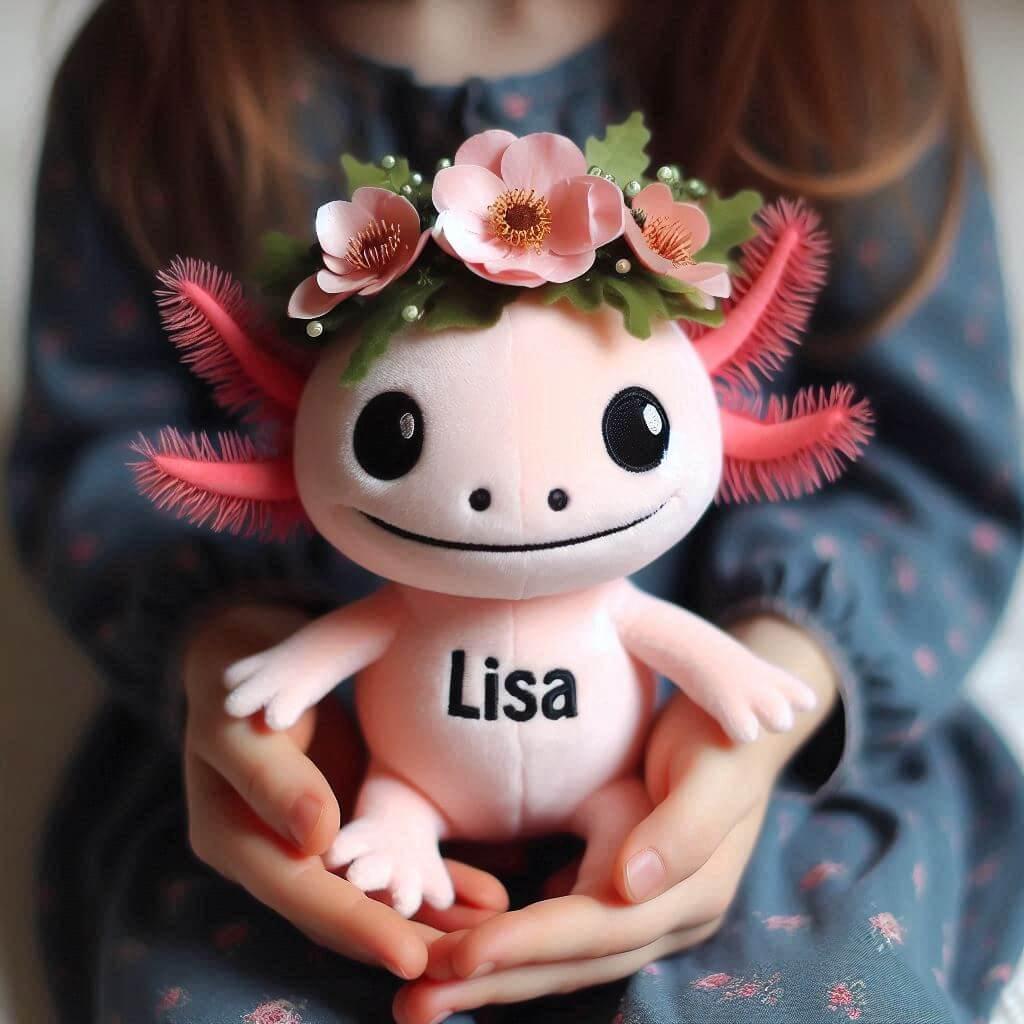 Peluche axolotl avec une couronne de fleurs personnalisee avec le prenom lisa