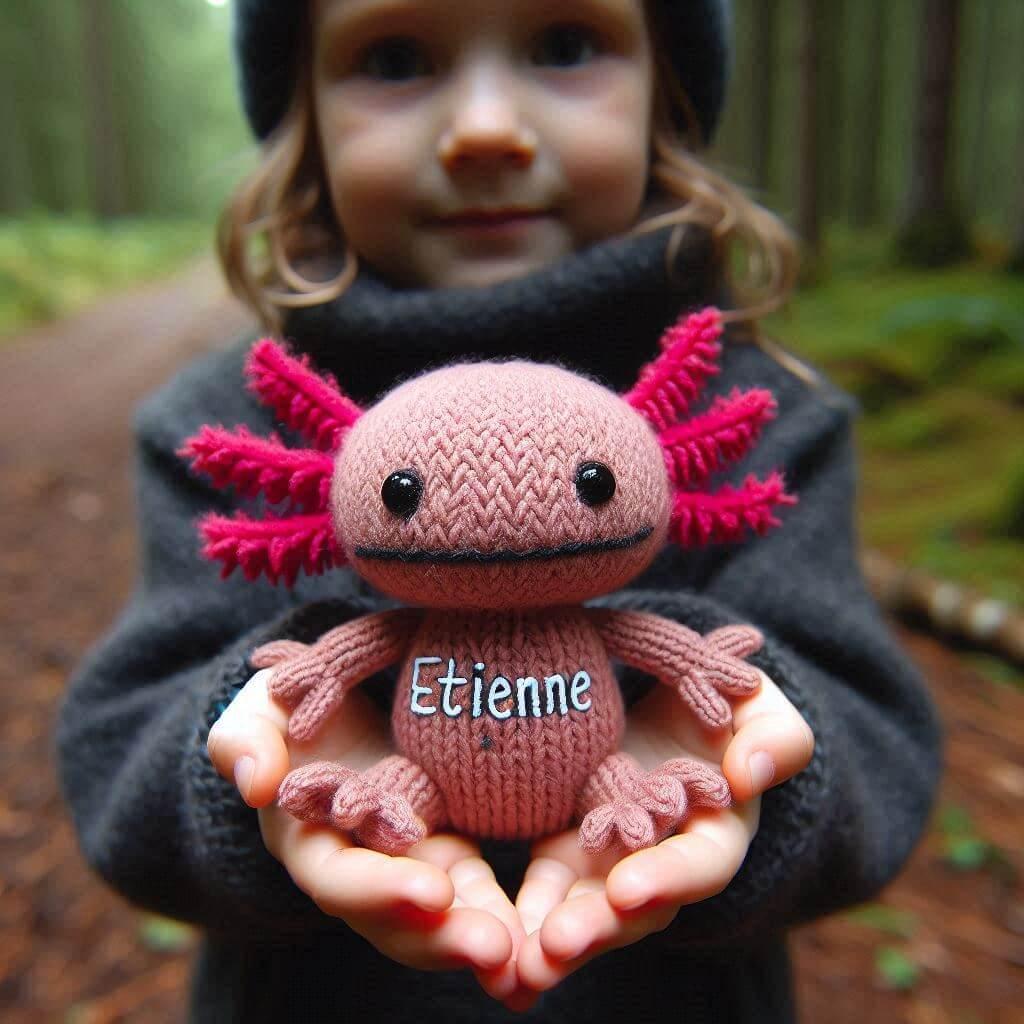 Peluche axolotl en tricotin avec le prenom etienne brode