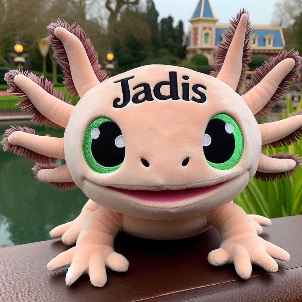 Peluche axolotl personnalisee avec le prenom jadis style disneyland