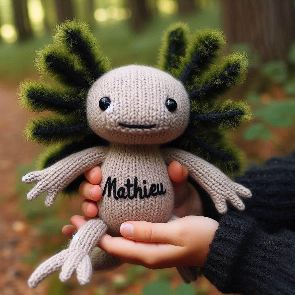 Peluche axolotl personnalisee avec le prenom mathieu
