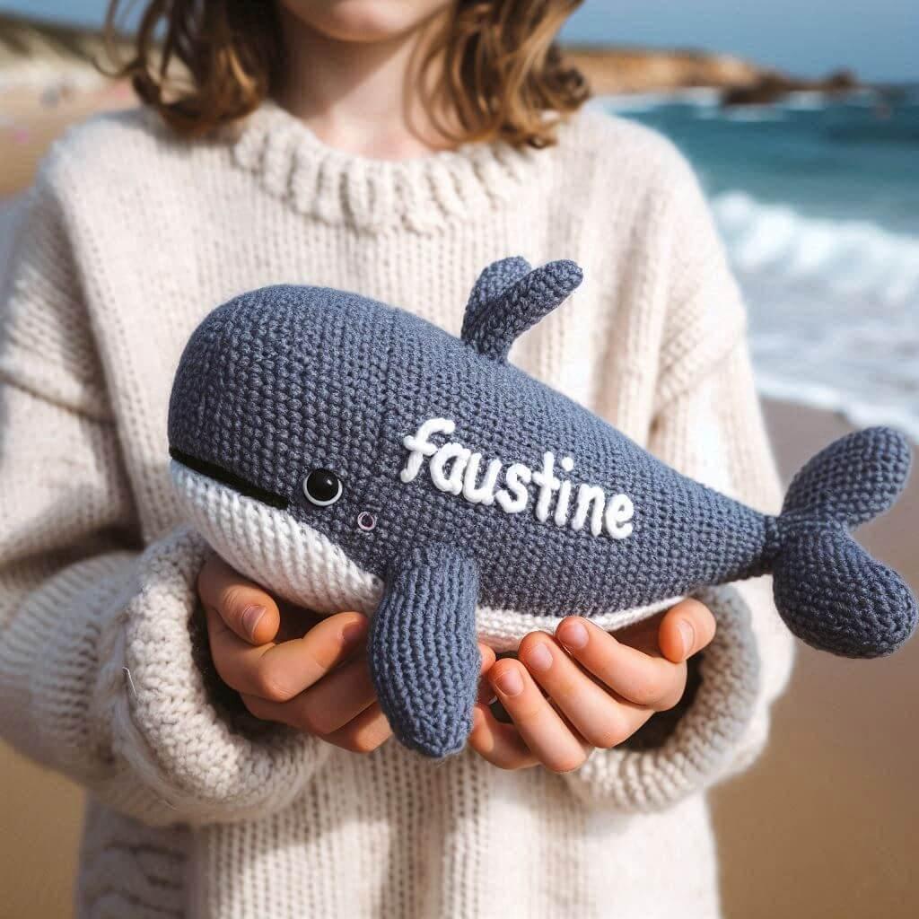 Peluche baleine au crochet personnalisee avec le prenom faustine