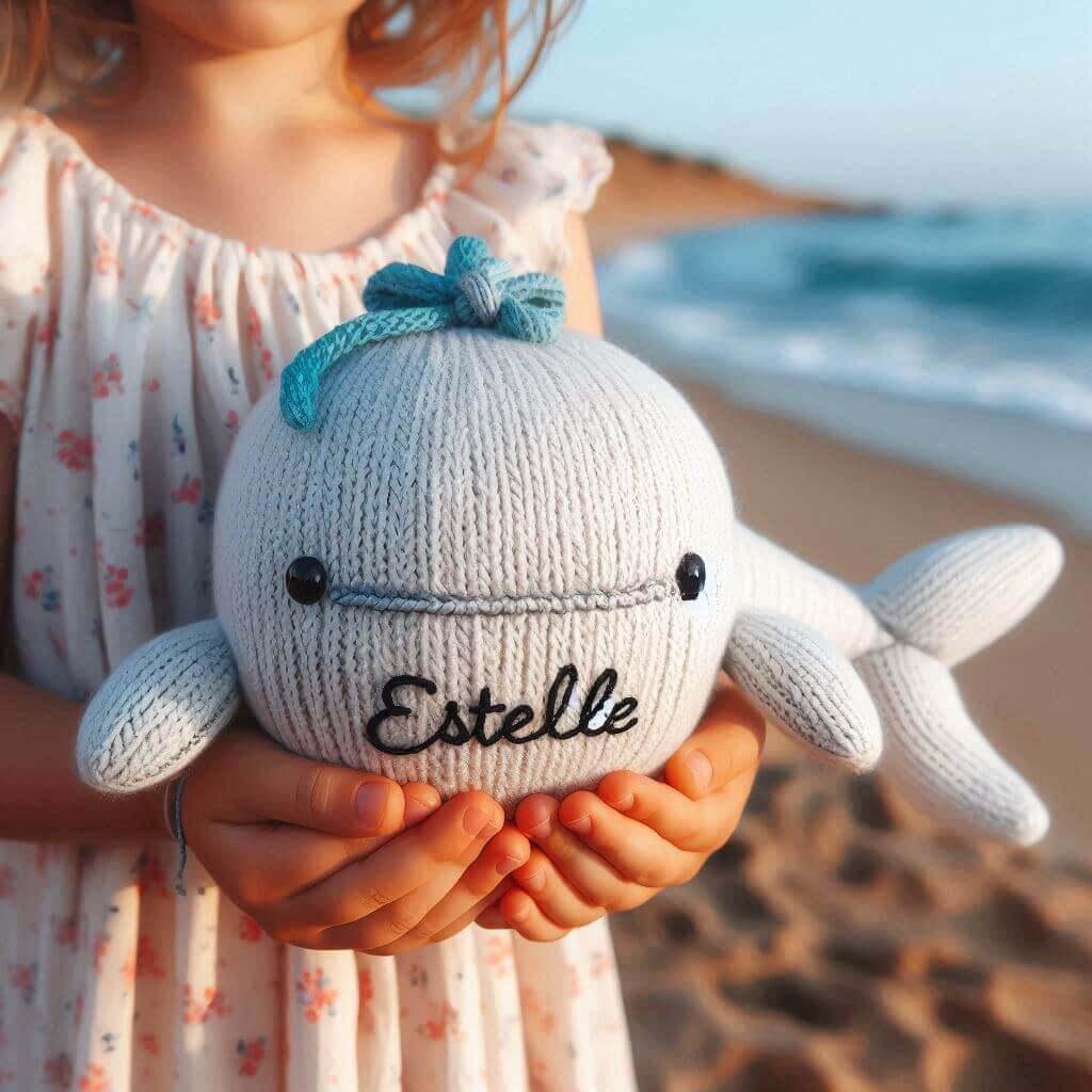 Peluche baleine en tricotin personnalisee avec le prenom estelle