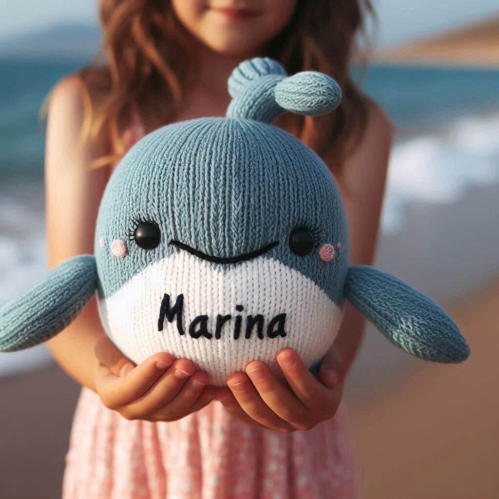 Peluche baleine en tricotin personnalisee avec le prenom marina
