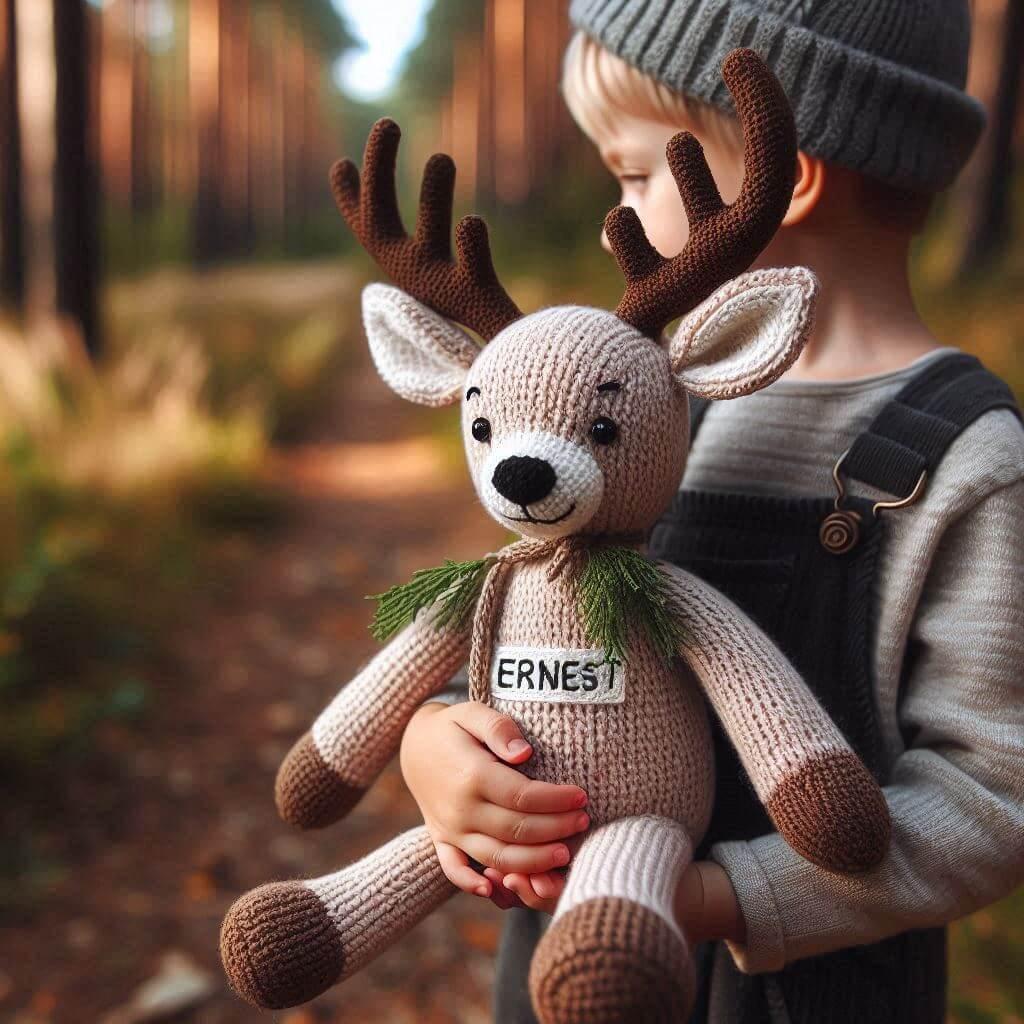 Peluche cerf en tricotin avec le prenom ernest