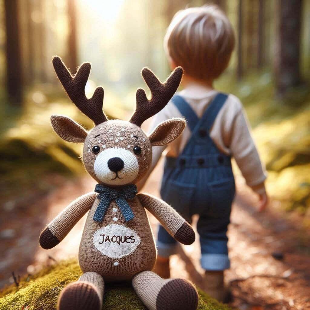 Peluche cerf en tricotin avec le prenom jacques tenu par un petit garcon qui se promene dans la foret 1 1