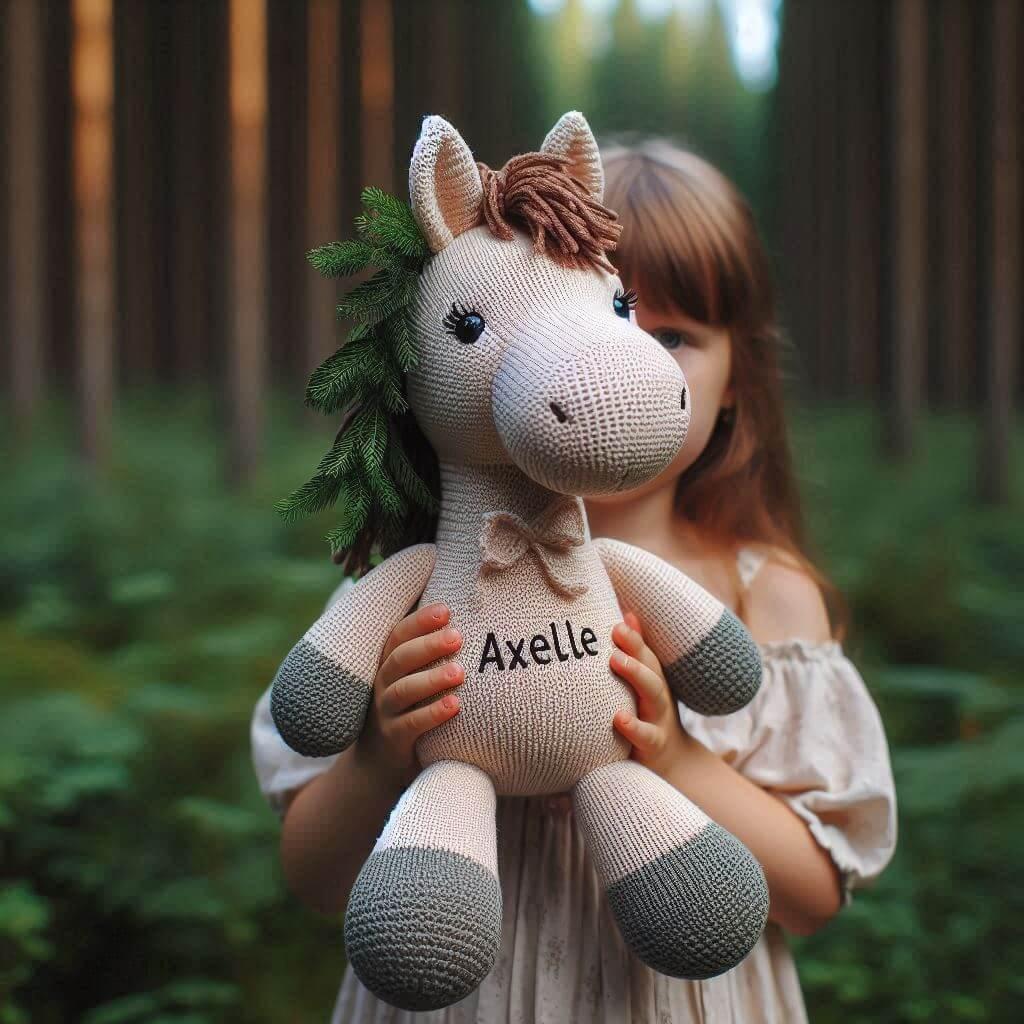 Peluche cheval au crochet avec le prenom axelle