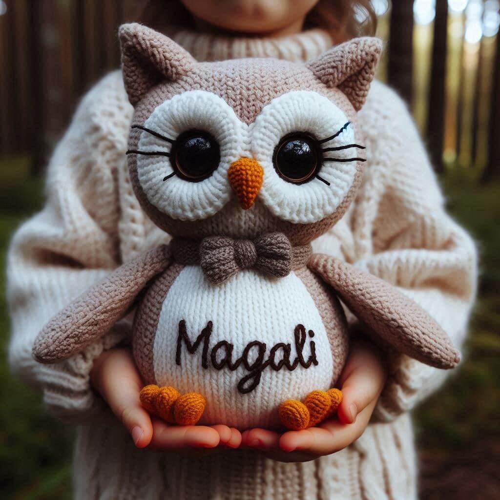 Peluche chouette en tricotin prenom magali