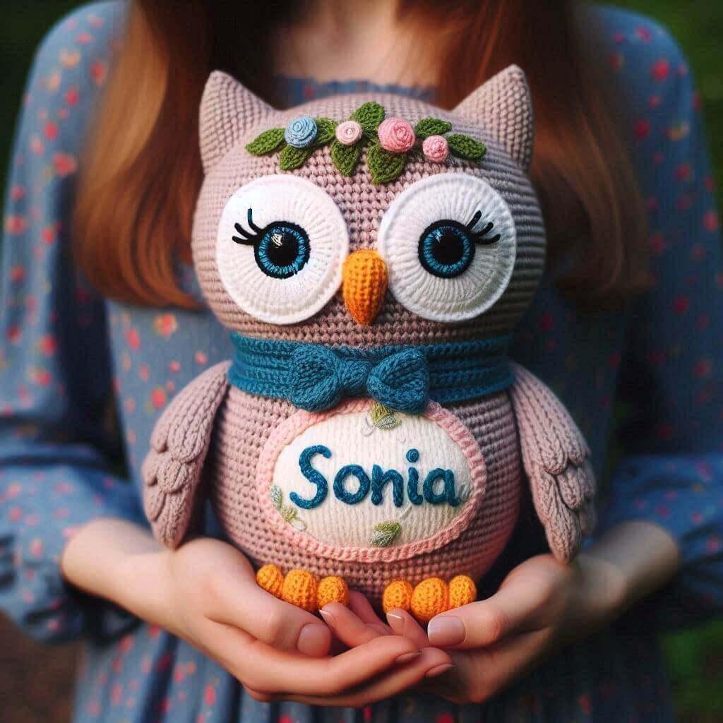 Peluche chouette en tricotin prenom sonia 1