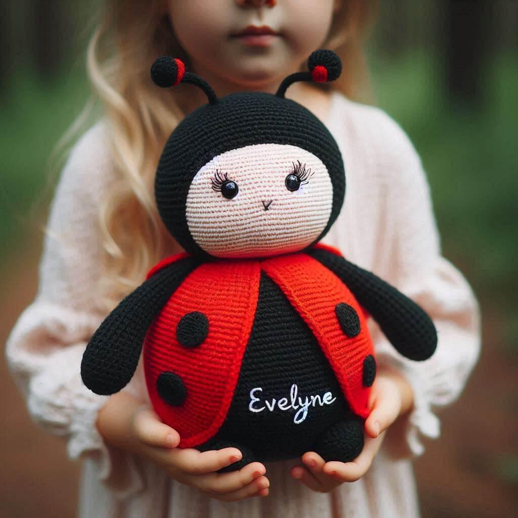 Peluche coccinelle au crochet personnalisee avec le prenom evelyne