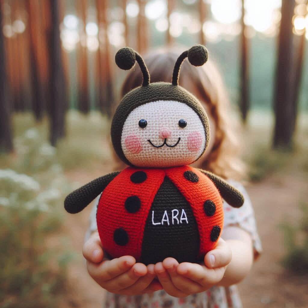 Peluche coccinelle en tricotin avec le prenom lara brode